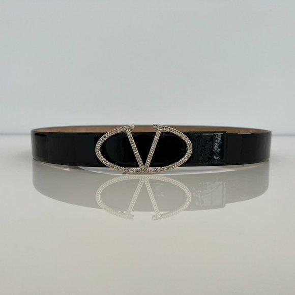 VALENTINO GARAVANI BLACK PATENT EMBELLISHED BELT SIZE 80 / 32